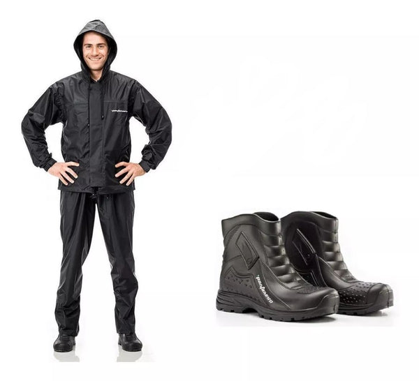 Capa Chuva Motoqueiro Capuz Nylon M + Bota 43/4 Pantaneiro